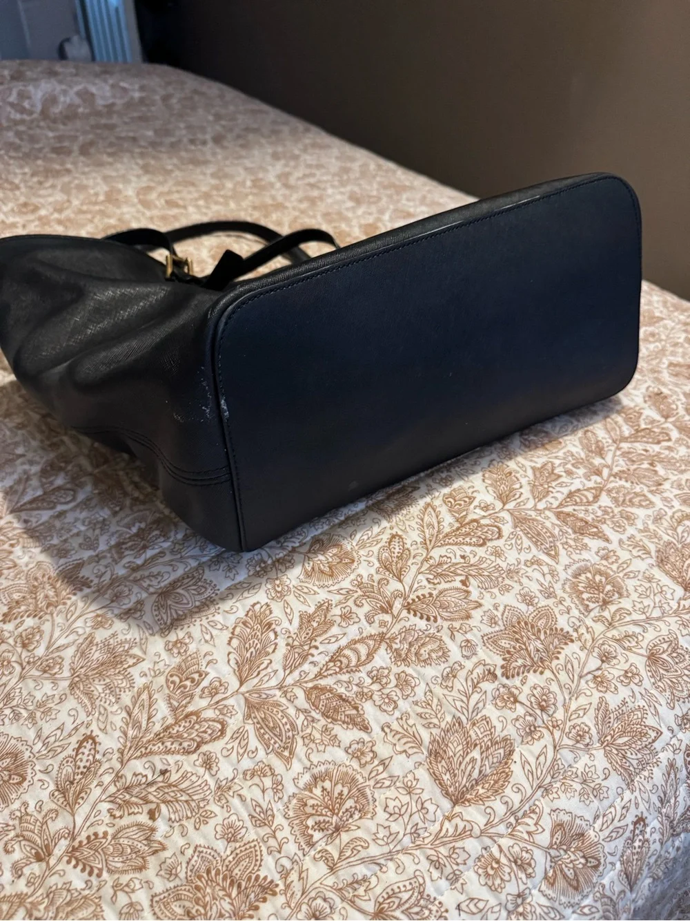 Michael Kors Black Leather Tote with Gold Plaque Accents